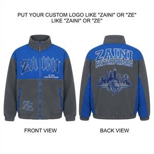 Premium Quality 280 GSM Polyester Fleece <b>Puller</b> Jacket Blue Grey Panel Full Zip Warm Breathable Waterproof Stand Collar Unisex - Product Image 1