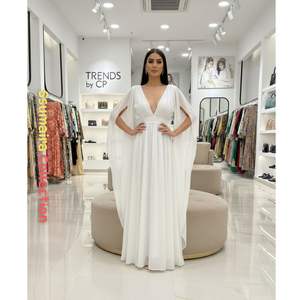 Elegant White Chiffon Maxi <b>Dress</b> with Cape Sleeves - Deep V-Neck Empire Waist Evening Gown <b>for</b> <b>Parties</b> and Weddings - Product Image 5