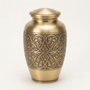 Urnas funerarias artesanales para cenizas humanas, elegantes urnas conmemorativas de latón esmaltado en blanco nacarado con banda de níquel grabada. - Product Image 5