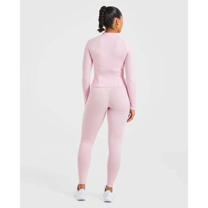 <b>Women</b> High Waist Long Sleeve Zipper Sports <b>Set</b> Full Length Leggings Quick Dry Gym Wear Solid Color Stretch Fit - Product Image 5