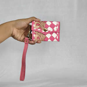 Tarjetero de Cuero Genuino Rosa y Blanco, Diseño Floral a Cuadros, Cartera Corta para Mujer, Estilo Moderno, Superventas - Product Image 2