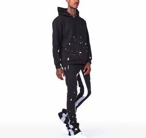 Unisex Black Cotton Tracksuit Hoodie And Joggers With White Drip Print Streetwear Style Full Length Drawstring Pants - Product Image 3