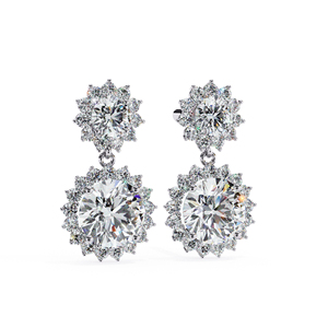 5.00mm Round Moissanite Double Halo <b>Drop</b> Earrings with 3.00mm Top Stone & 1.10mm 28 Side Stones Moissanite Earrings 14K Gold - Product Image 3