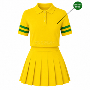 Ensemble de vêtements de sport jaunes pour la sororité Cosh International Sisterhood, comprenant un polo sportif avec des rayures vertes et une jupe plissée - Product Image 1