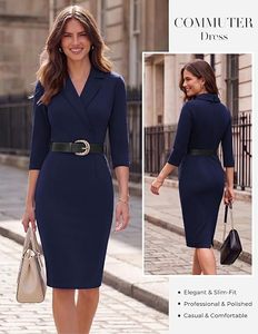 Robe de soirée élégante pour femme, coupe fourreau, en maille unie, col en V, manches 3/4, taille haute ajustée, longueur genou, style portefeuille - Product Image 4