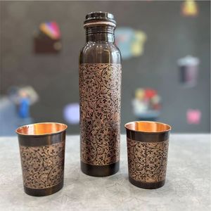 Juego de botella de agua de cobre puro con 2 vasos - Recipiente de cobre ayurvédico a prueba de fugas de 1000 ml para beneficios para la salud y set de regalo deportivo - Product Image 6