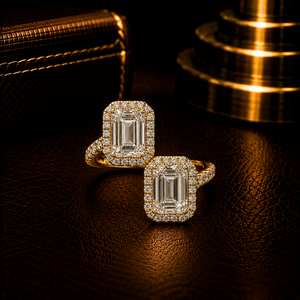 Trendy Toi et Moi Open <b>Ring</b> Twin <b>Emerald</b> Cut Lab Grown Diamond 2.00 Ct IGI Certified 14K Pure Gold Double Halo Engagement <b>Rings</b> - Product Image 1
