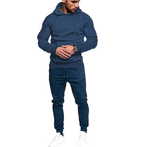 Conjunto Deportivo Casual de Invierno para Tallas Grandes, Estampado, con Cuello Alto y Cierre con Cordón, Patrón Sólido, 100% Algodón, Tela de Felpa - Product Image 1