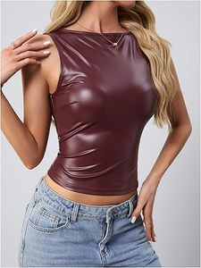 Factory Direct Women PU <b>Leather</b> Tank <b>Top</b> Custom Sleeveless Slim Fit Bulk Wholesale - Product Image 3