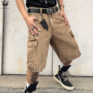 Shorts en jean baggy à coutures renforcées pour hommes, style streetwear, avec logo personnalisé, coupe ample et résistante - Product Image 2