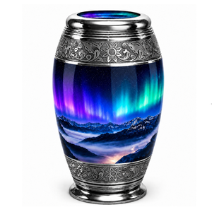 Urne funéraire personnalisable gravée avec motif Montagne Nocturne Colorée, autocollant photo commémoratif, émail, pour cendres humaines - Product Image 1