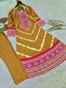 <b>Women</b> Mustard Brown Silk Quick Dry Ethnic <b>Kurti</b> with Tie Dye Floral Embroidered Border Pants Set All Seasons - Product Image 1