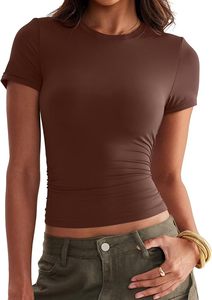 T-shirt court marron froncé à manches courtes et col rond pour femme, coupe ajustée, décontracté, en tricot de coton et élasthanne, Printemps-Été - Product Image 4