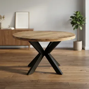 Mesa de Comedor Redonda de Madera Maciza para 6 Personas con Patas Cruzadas de Metal Negro, Mesa de Centro para Sala de Estar Estilo Rústico, Decoración del Hogar - Product Image 4