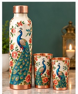 Botella de Agua Moderna Hecha a Mano de Cobre Martillado a Prueba de Fugas con Tapa y Juego de 2 Tazas a Juego para Uso en la Oficina - Product Image 6