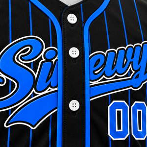 Maillot de baseball Sinewy pour homme, personnalisable avec nom et numéro, rayures bleues et noires, sublimé, respirant, manches courtes, coupe classique, toutes saisons - Product Image 5