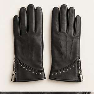 Gants en cuir avec fermeture éclair et clous, longueur poignet, doublure thermique en fausse fourrure, style punk, pour l'hiver, usage décontracté - Product Image 3