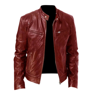 Blouson moto en cuir véritable vert pour homme, col montant matelassé, fermeture éclair, manches longues, style automne - Product Image 3