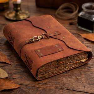 Carnet artisanal en cuir marron épais avec stylo - Livre des Ombres vintage et carnet de croquis en papier à bords festonnés antique pour les voyages - Product Image 1