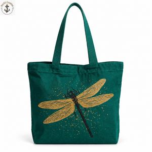 Bolsa de Lona Verde Esmeralda con Estampado de Libélula Dorada |   Bolso de hombro para uso diario con asas largas y diseño inspirado en la naturaleza - Product Image 1
