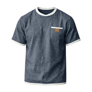 T-shirt à manches courtes en coton et lin respirant et écologique pour homme, avec bordure contrastée, poche poitrine, coupe classique, style décontracté - Product Image 1