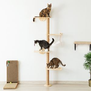 Arbre à chat en bois d'intérieur mural avec hamac, griffoir pour chat, perchoir et tapis à gratter pour chats de petite à grande taille, finition Burlywood - Product Image 1