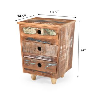 Comodino in legno riciclato Vintage naturale comodino con 3 cassetti per soggiorno - Product Image 3