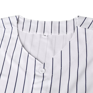 เสื้อเบสบอลแบบกำหนดเองสำหรับผู้ชาย สีขาว ลายทางสีน้ำเงิน แขนสั้น ระบายอากาศได้ดี โพลีเอสเตอร์ พิมพ์ชื่อทีม 00 ทรงปกติ - Product Image 4