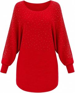 Pull en tricot surdimensionné rouge pour femme avec motif à pois pailletés, manches chauve-souris, col rond, haut long d'hiver - Product Image 3