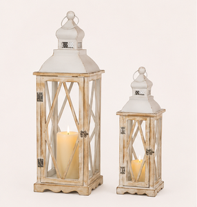 Handmade Farmhouse Wood and Metal <b>Lantern</b> <b>Set</b> of 2 Rustic Whitewash Distressed Finish Decorative Candle Holders for Indoor - Product Image 4