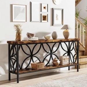 Table console à 2 niveaux en bois d'acacia massif naturel de luxe avec cadre métallique circulaire décoratif pour entrée et salon - Product Image 1