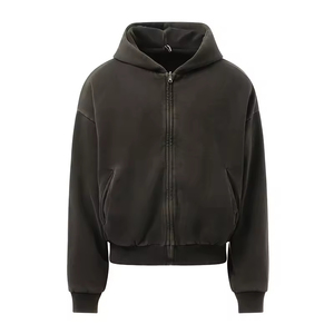 Sudadera Unisex Negra con Capucha y Cremallera, de Forro Polar, Oversize, Casual, Color Liso, Largo Recortado, de Algodón Tejido, Invierno, Vintage, con Logotipo Personalizado - Product Image 3
