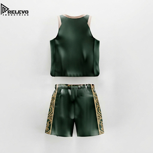 Ensemble de maillots de basket-ball personnalisés par sublimation OEM, uniforme sportif technique vert foncé avec short à panneaux latéraux complexes - Product Image 2