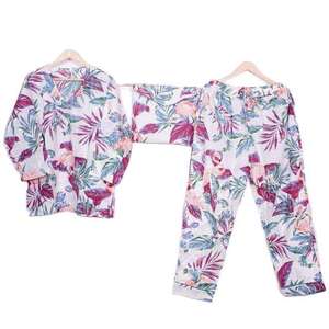 Ensemble de pyjama décontracté en satin de coton imprimé à la main, style ethnique, ODM - Doux, respirant, manches longues, taille élastique, automne, 2 pièces, 2026 - Product Image 1