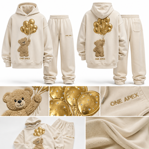 Ensemble de survêtement unisexe de luxe en molleton avec sweat à capuche et pantalon de jogging brodés motif ours en peluche crème surdimensionné – OEM ODM - Product Image 5