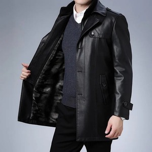 <b>Men's</b> <b>Black</b> PU Leather <b>Long</b> Coat Turn-down Collar Single Breasted Windproof Smart Casual Winter <b>Jacket</b> - Product Image 4