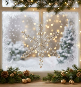 Ornement de Noël en forme de flocon de neige en cristal et perles fait main, élégante décoration de sapin perlée, décoration de fête - Product Image 4