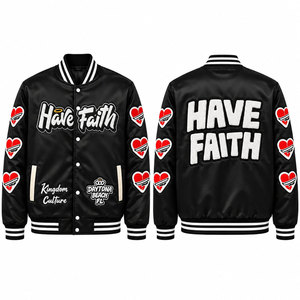 Chaqueta Varsity Have Faith para Hombre, Bordado de Corazón Negro, Estilo Urbano, Cuello Camisero, Material de Poliéster, Corte Regular - Product Image 1