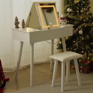 Modern White Oak <b>Vanity</b> <b>Table</b> Set LED <b>Mirror</b> Flip Top Makeup Desk Cushioned Stool 2 Drawers 2 Drawers Writing Desk 2 Drawers 2 - Product Image 2
