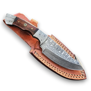 Cuchillo de pescador de acero de Damasco forjado a mano con mango de palisandro, empeines de Damasco, cuchillo desollador de espiga completa con funda vertical - Product Image 1