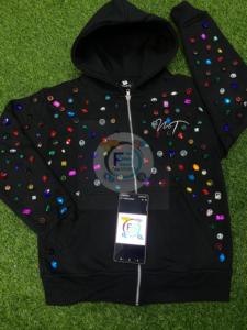 เสื้อฮู้ดซิปหน้าประดับคริสตัลหรูหรา หนักแน่น ตกแต่งด้วยเพชรเทียม  โลโก้สั่งทำได้  ทรงโอเวอร์ไซส์  กระเป๋าผ้าฟลีซ  สำหรับทุกเพศ - Product Image 4