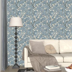 Carta da Parati Floreale Blu Boho Adesiva 44,2 cm x 300 cm Rami in Fiore e Fiori Bianchi Carta Adesiva Rimovibile con Foglie di Alberi - Product Image 5