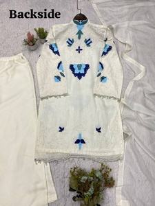 Ensemble Salwar Kameez brodé blanc avec dupatta, coupe ample, vêtements traditionnels pour femmes, style Inde Pakistan - Product Image 6