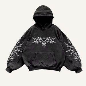 Y2K Gothic Streetwear Hoodie Oversized Acid Wash <b>Black</b> Pullover 3D Embroidery Custom MOQ 100% Cotton Fleece Men <b>Hoodies</b> - Product Image 1