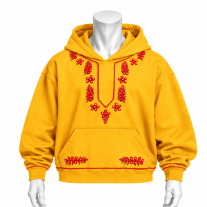 Sweat à capuche brodé Indus jaune doré, motif floral, poche kangourou, coupe décontractée, streetwear décontracté, hiver - Product Image 1