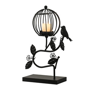 Support de bougie en forme de cage à oiseaux en fer avec oiseau accroché et motif de feuilles pour la décoration de la maison - Product Image 1