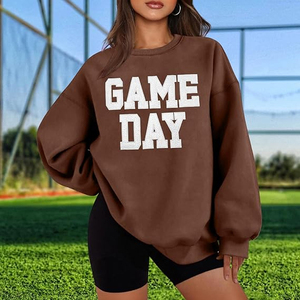 Women's Oversized Crew Neck <b>Sweatshirt</b> Game Day Letter Print Brown Cotton Drop Shoulder Long Sleeve Casual Playful & <b>Cute</b> Winter - Product Image 2