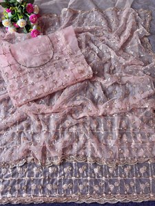 Sari de red con rosas y cuentas, estilo mágico, para mujer, ropa étnica, tradicional, para bodas, recepciones y compromisos. - Product Image 4