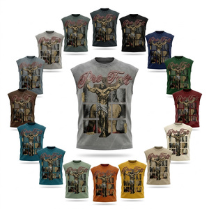 100% Cotton Fashionable Trendy Breathable Sleeveless Tank <b>Top</b> Men Streetwear Distressed Gothic <b>Cross</b> Custom Printed T Shirts - Product Image 1
