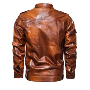 Veste moto en cuir véritable marron pour homme, col rabattu, simple boutonnage, manches classiques, couleur unie, pour l'automne - Product Image 3